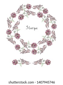  vector double wreath of flowers isolated on white background, brush and lettering