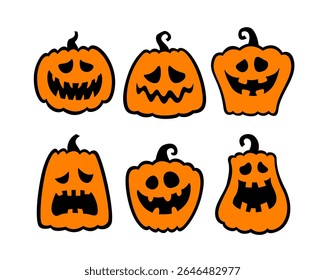 Vector double-layer pumpkins for Halloween. Jack-o'-lanterns. Silhouettes in cartoon style. Symbols of autumn holiday. For paper or laser cutting and sublimation. Isolated on white background.