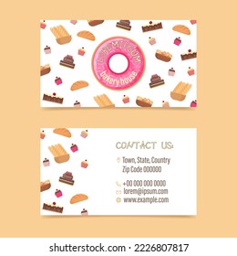 Plantilla de tarjeta de visita doble vectorial con un donut rosado y una inscripción en un fondo blanco con un patrón de productos horneados para una tienda de dulces o una tienda