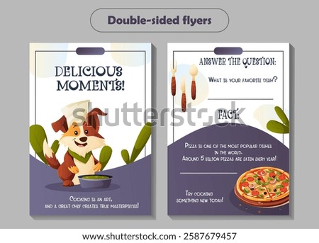 Vector double-sided flyer featuring a dog chef in a hat, cooking a dish. Perfect for restaurants, culinary themes, and motivation.  
