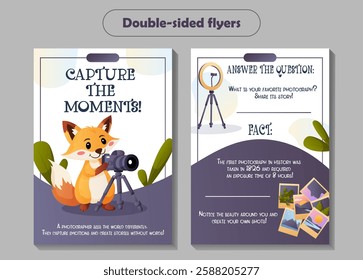 Vector double-sided flyer featuring a fox photographer using a camera. Ideal for creativity, photography, and educational purposes.  
