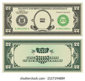 Vector double-sided greeting card in the style of vintage american dollars. Happy twenty second birthday. Сongratulations anniversary. Sample with empty oval and ribbon. Inscription your photo