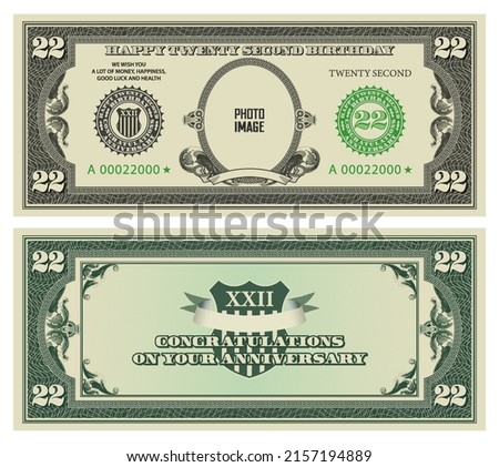 Vector double-sided greeting card in the style of vintage american dollars. Happy twenty second birthday. Сongratulations anniversary. Sample with empty oval and ribbon. Inscription your photo