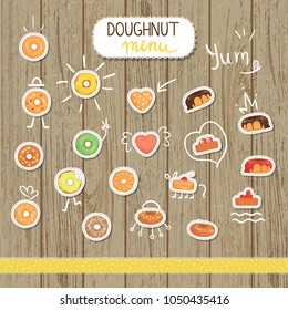 Vector doughnut illustration in cartoon style. Bright and cute illustrations of donut. Cute stickers for cafe menu or stationery. Fresh pastry labels on natural wooden background.