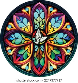 Vector of a dove in the center of a round stained glass window, holy spirit.