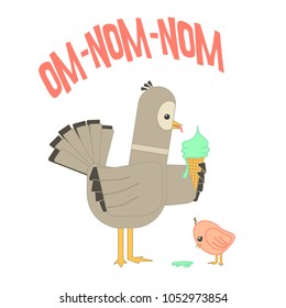 Vector dove with mint icecream and little bird, isolated. Om-nom-nom text.