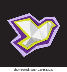 Vector dove in origami technique on the multicolored pieces of paper. White paper bird fly freedom concept, icon, polygonal, abstract, low poly style flat vector on black background. 