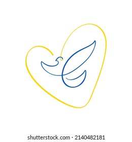 Vector Dove of peace in the heart in blue and yellow colors of the flag of Ukraine. Stop war in Ukraine. The concept of peace. illustration for your design.