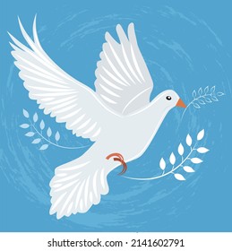 Vector dove of peace with olive branch in beak; The pigeon as symbol of hope and peace in the world on blue background