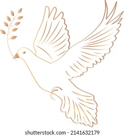 Vector dove of peace with olive branch in beak; Linear golden pigeon as symbol of hope and peace in the world on white background