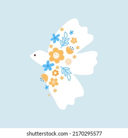 Vektor Dove of Peace. Taube mit Blumen auf blauem Hintergrund. Kein Krieg in der Ukraine. Bird boho handgezeichnet Stil Kunst. Alles Gute zum Earth Day.