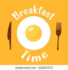 Vector dove placed at breakfast time with collecting eggs, fork and knife on yellow background with place for text in retro style