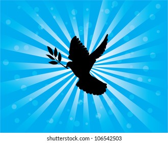 vector dove silhouette with olive branch on sunburst background