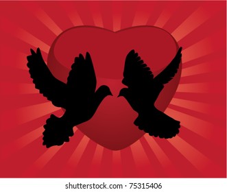 vector dove silhouettes and red heart background