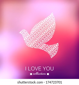 Vector dove, Valentine's Day background. Pigeon. Blurred template, holiday. Invitation card in a tribal style. Pink stylish backdrop for you text. Greeting card,wedding invitation.