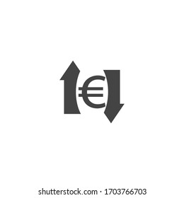 Vector flecha arriba y abajo y símbolo del euro en fondo blanco aislado.