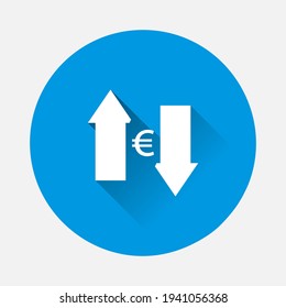 Vector up and down arrow and euro sign icon on blue background. Flat image with long shadow.