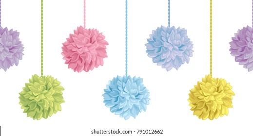 Vector Up Down Hanging Pastel Colorful Birthday Party Paper Pom Poms Set Horizontal Seamless Repeat Border Pattern. Great for handmade cards, invitations, wallpaper, packaging, nursery designs.