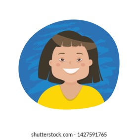 Vector down syndrome girl concept. Cartoon style fanny smiling child with disabled isolated on white background