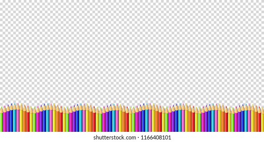 Vector down wavy border made of colored wooden pencils row isolated on transparent background. Back to school framework bordering template concept or photo frame with empty copy space for text