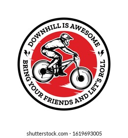 Vector downhill mountain biking badge, logo, label with rider on a bike. Downhill, enduro, cross-country biking illustration