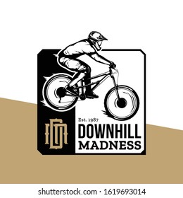 Vector downhill mountain biking badge, logo, label with rider on a bike. Downhill, enduro, cross-country biking illustration