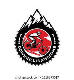 Vector downhill mountain biking badge, logo, label with rider on a bike and mountain silhouette. Downhill, enduro, cross-country biking illustration