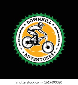 Vector downhill mountain biking badge, logo, label with rider on a bike. Downhill, enduro, cross-country biking illustration