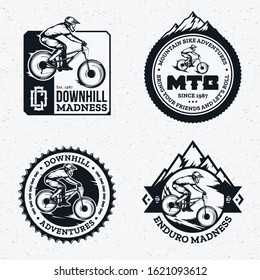 Vector downhill mountain biking badge, logo, label with rider on a bike and mountain silhouette. Downhill, enduro, cross-country biking illustration