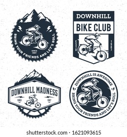 Vector downhill mountain biking badge, logo, label with rider on a bike and mountain silhouette. Downhill, enduro, cross-country biking illustration