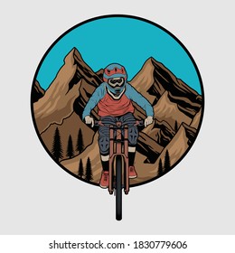 Vector downhill mountain biking badge,label with rider on a bike . downhill illustration Premium Vector