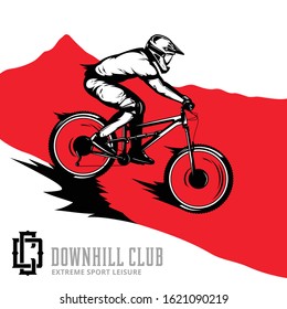 Vector downhill mountain biking illustration with rider on a bike and mountain silhouette. Downhill, enduro, cross-country biking illustration