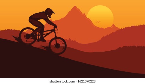 Vector downhill mountain biking illustration with rider on a bike and wild nature landscape. Downhill, enduro, cross-country biking banner