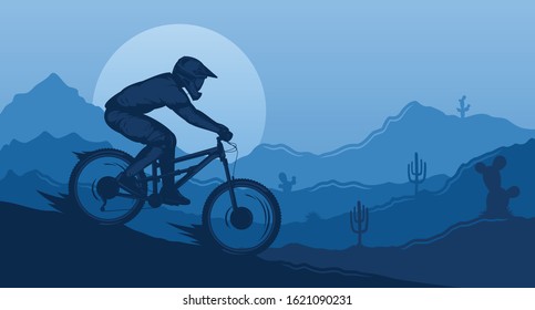 Vector downhill mountain biking illustration with rider on a bike and desert wild nature landscape with cacti, desert herbs and mountains. Downhill, enduro, cross-country biking banner