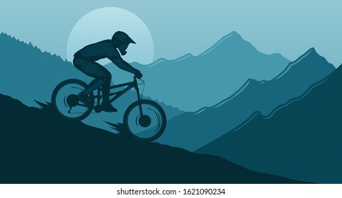 Vector downhill mountain biking illustration with rider on a bike and wild nature landscape. Downhill, enduro, cross-country biking banner