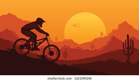 Vector downhill mountain biking illustration with rider on a bike and desert wild nature landscape with cacti, desert herbs and mountains. Downhill, enduro, cross-country biking banner