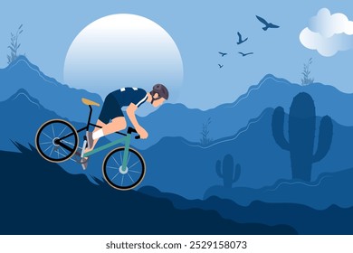 Vector downhill mountain biking illustration with rider on a bike and desert wild nature landscape background, desert herbs and mountains
