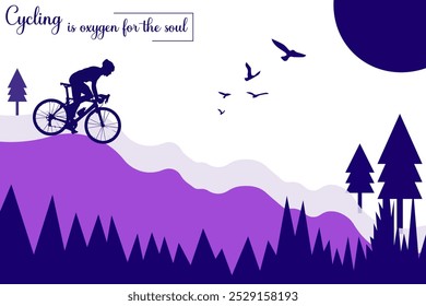 Vector downhill mountain biking illustration with rider on a bike and desert wild nature landscape background