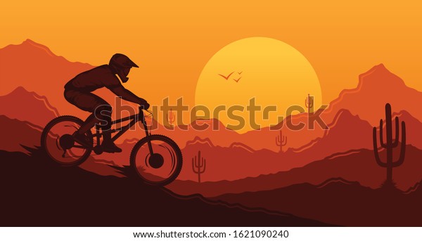 Vector downhill mountain biking illustration with\
rider on a bike and desert wild nature landscape with cacti, desert\
herbs and mountains. Downhill, enduro, cross-country biking\
banner