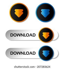 Vector download buttons with arrows - labels, stiskers on the white background