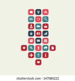 a vector download concept with gears, basket, photo, camera, tv, mail, information, bubbles, lock, group, social network symbols