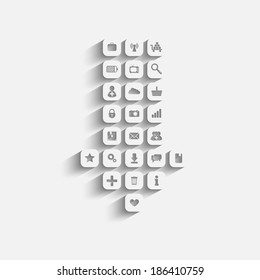 a vector download concept with gears, basket, photo, camera, tv, mail, information, bubbles, lock, group, social network symbols