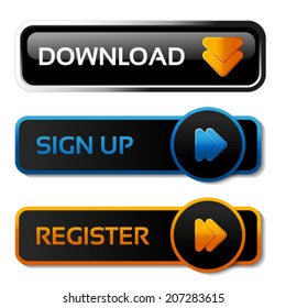 Vector download, sign up and register black buttons with arrows - labels, stiskers on the white background