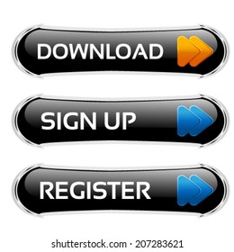 Vector download, sign up and register black buttons with arrows - labels, stiskers on the white background