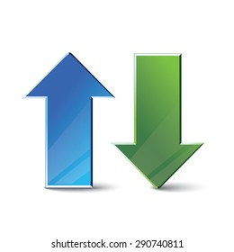 vector Download and Upload Icons, two arrows -blue and green with shadow, isolated on white background