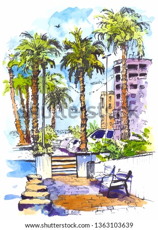 vector Downtown with street and buildings of Miami City in Florida. Watercolor splash with hand drawn sketch illustration. retro colorful watercolor silhouettes of palm trees.
