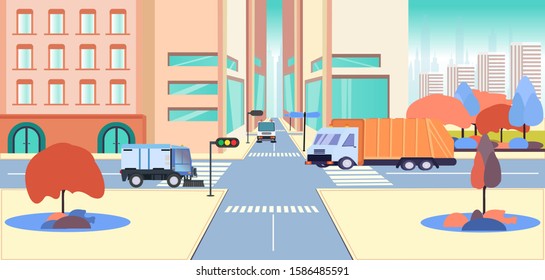 Vector of a downtown with street sweeper machines and garbage truck. City cleaning service concept 