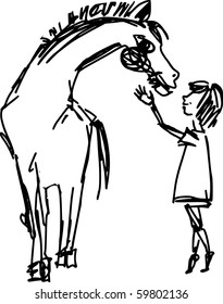 Vector draft - girl have communication with a horse or pony. Isolated on white