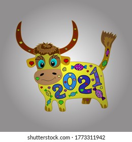 Vector. Draft in white, yellow, brown colors. Paper cut ox character, flower and asian elements with craft style on background. Happy chinese new, of ox). Chinese new year 2021 year of the buttress).