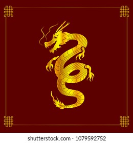 Vector Dragon Art, Mythology Animal, Chinese Style Vintage Background with Decorative Corners, Golden Dragon.